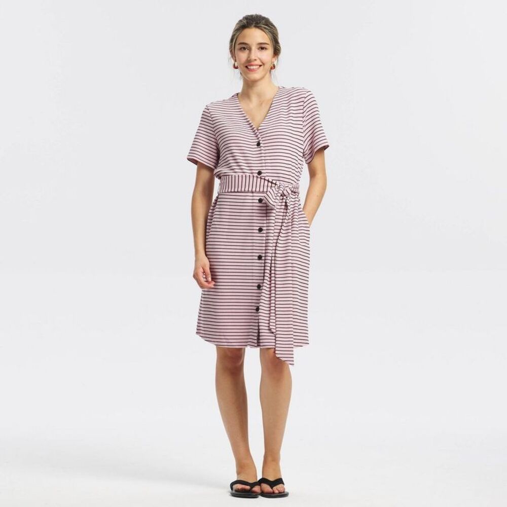 Women's Short Sleeve Belted Button-Down Shirtdress - Pink Striped M